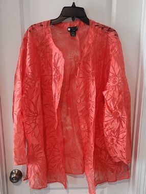 Carole Little Coral Sheer Floral Blouse